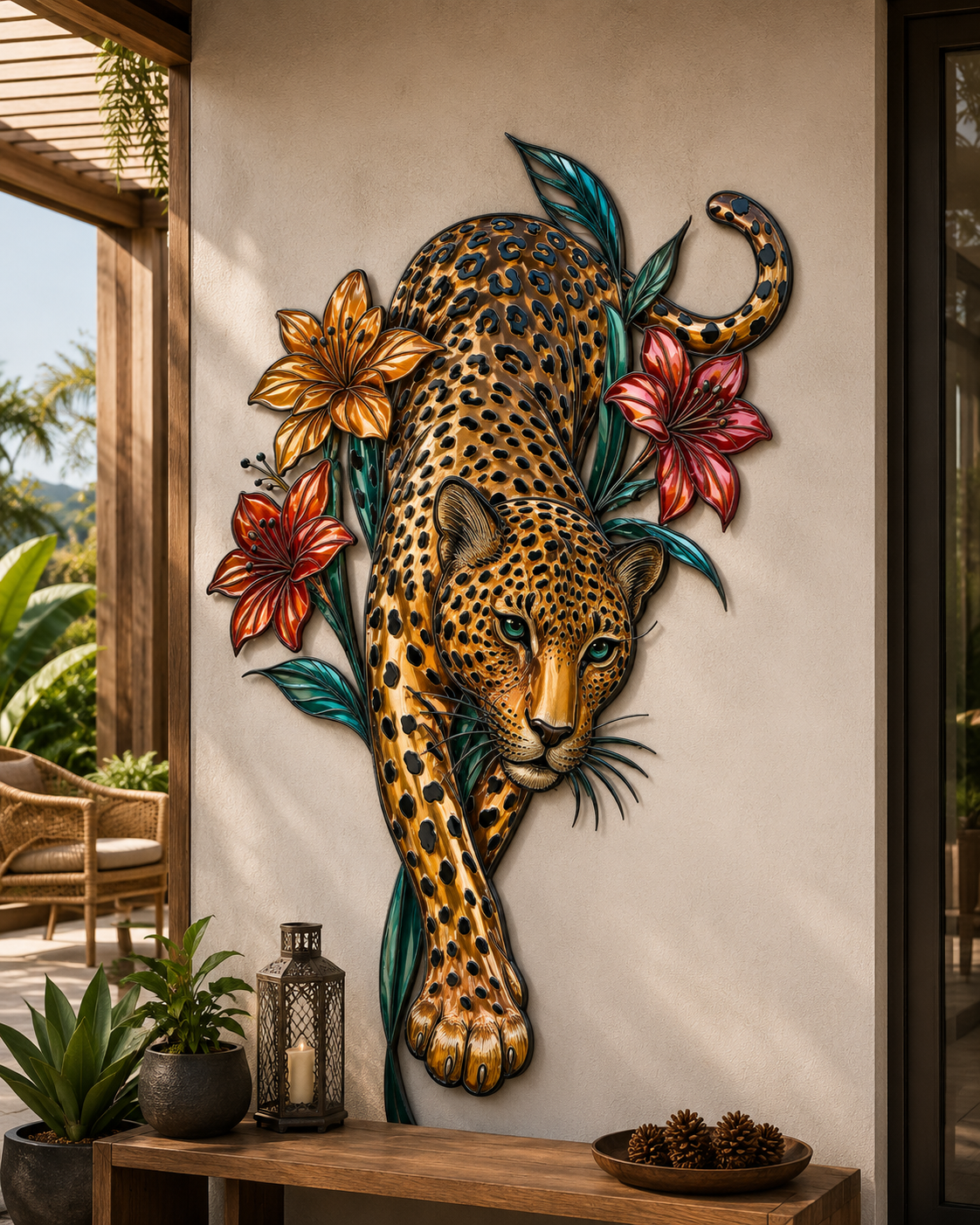 Leopard Sun Metal Wall Art Tropical Jungle Animal Wall Decor Modern Aluminum Sign Outdoor Home Decor Wildlife Nature Gift for Living Room