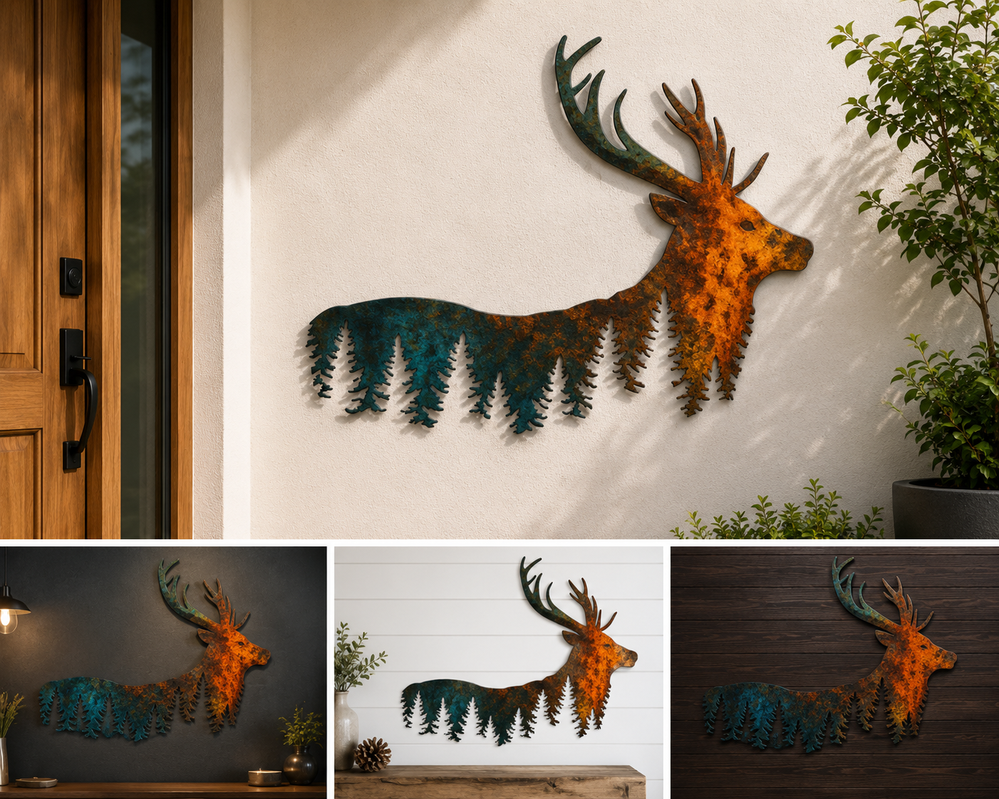 Deer Forest Metal Wall Art Set Of 3 Rustic Wildlife Wall Decor Stag Buck Pine Tree Nature Sunset Metal Sign UV Printed Aluminum Outdoor