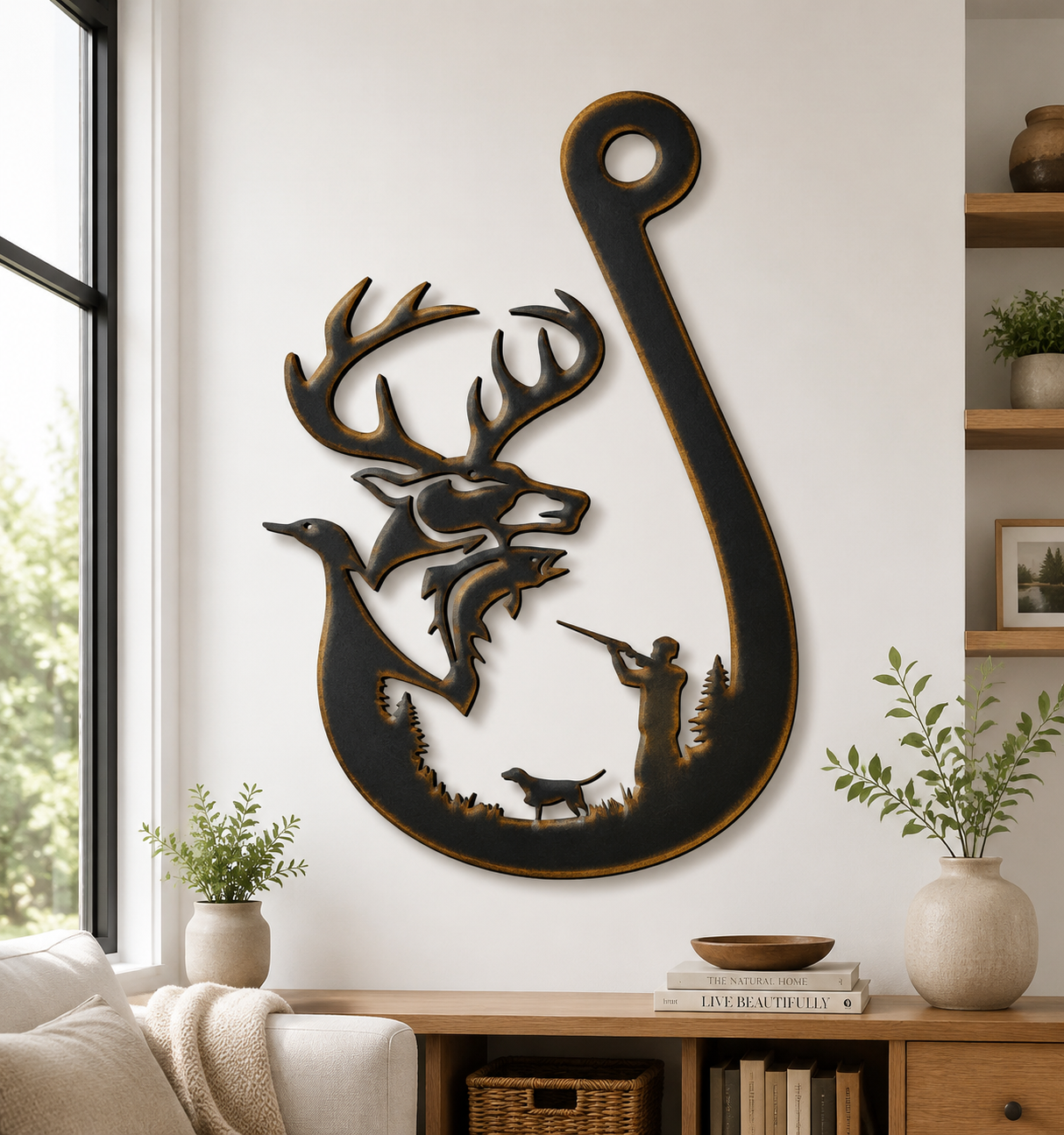 Fishing Hook Metal Wall Art, Deer Duck Bass Hunting Sign, Rustic Cabin Lake House Decor, Fisherman Gift, Aluminum Outdoor Wall Decor