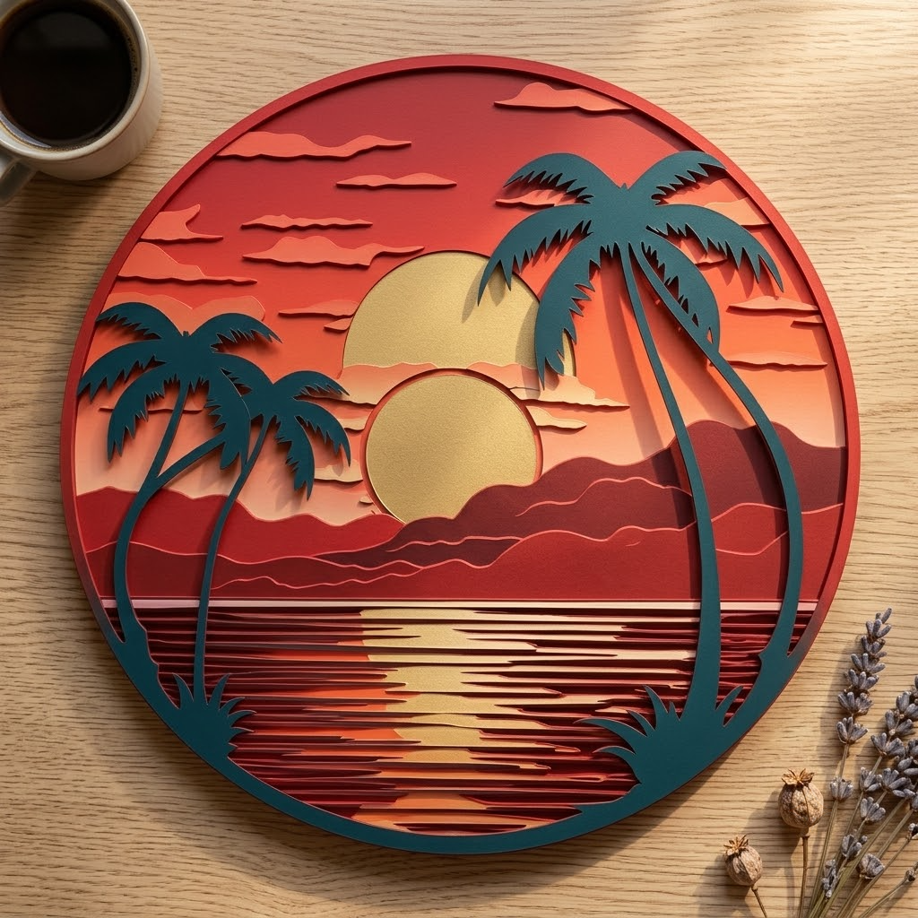 Palm Tree Metal Wall Art, Ocean Sunrise Beach Decor