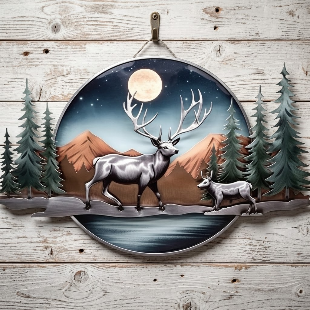Moonlit Mountain Deer Eagle Metal Wall Art Cabin Lodge Decor Wildlife Gift