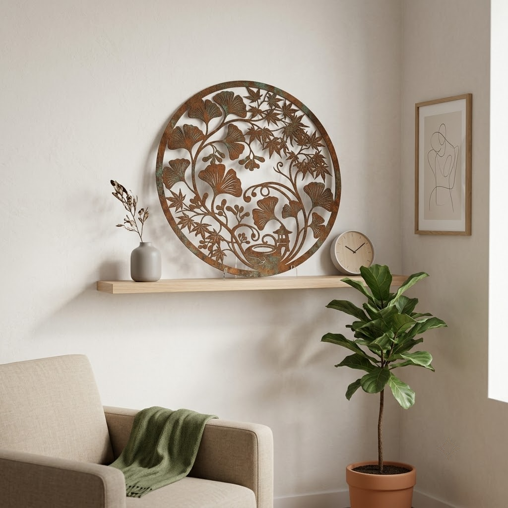 Rustic Autumn Botanical Metal Art, Circular Floral Wall Decor, Maple Leaf Metal Sign