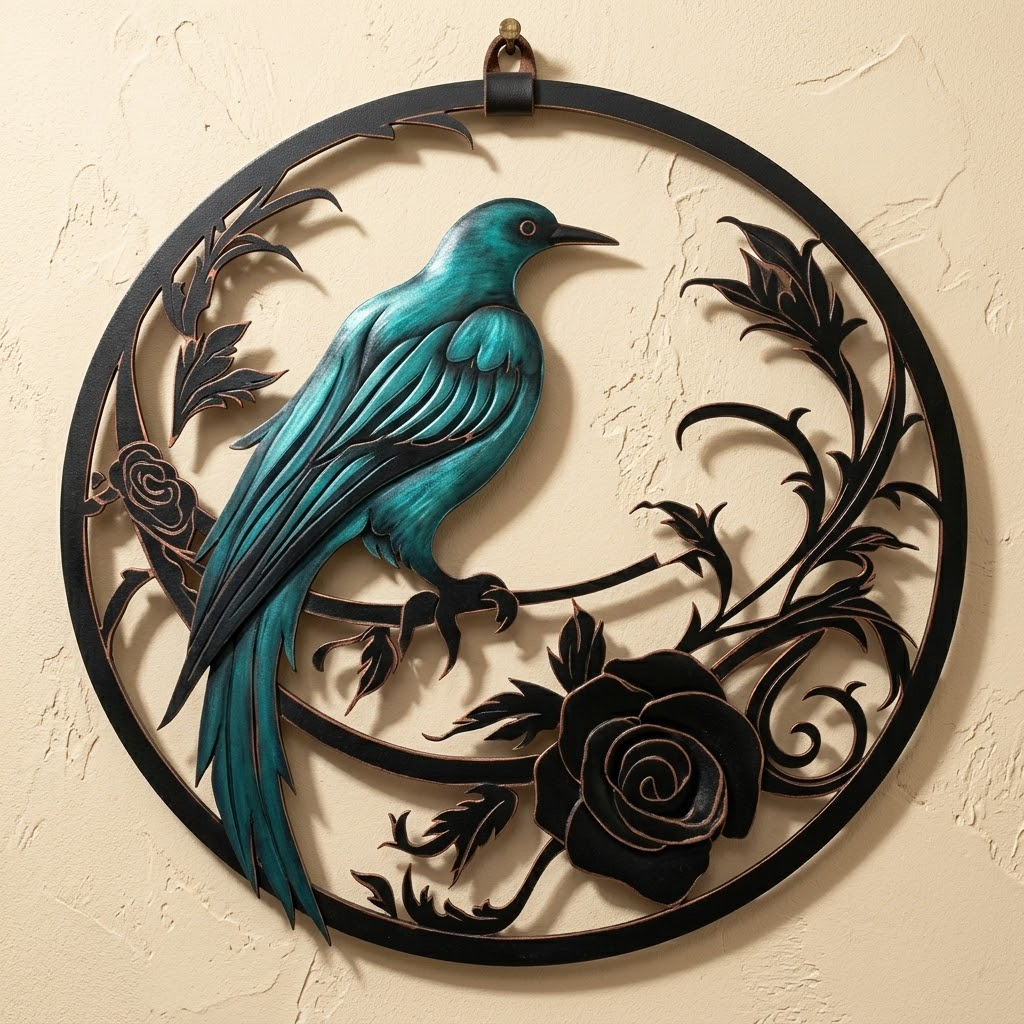 Crescent Moon Raven Winter Rose Metal Wall Art