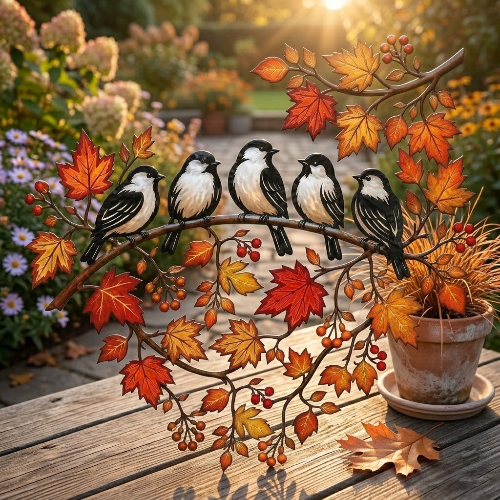 Charming Autumn Songbird Metal Art, Birds On Branch Wall Decor, Maple Leaf Metal Sign