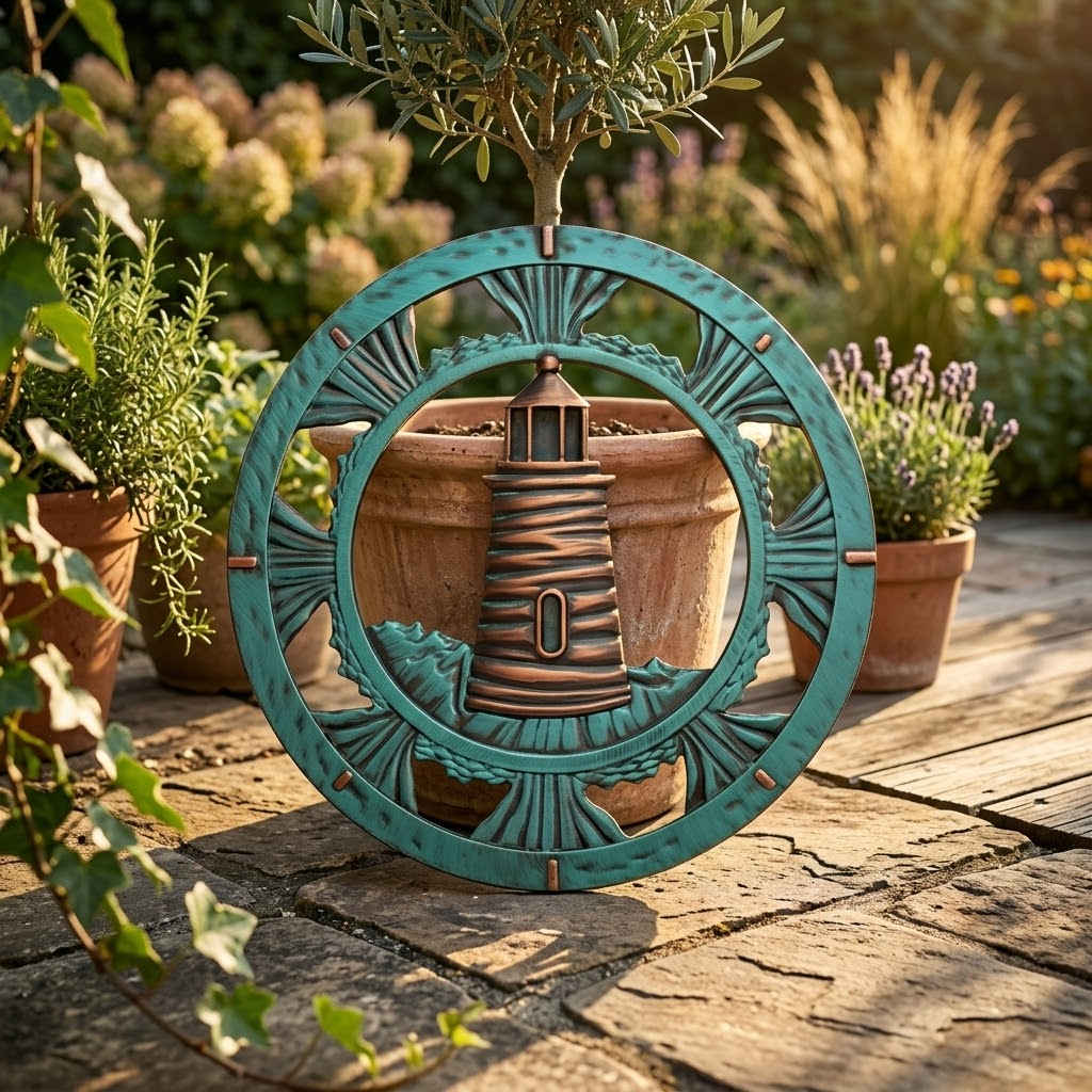 Coastal Patina Lighthouse Sunburst Metal Wall Art