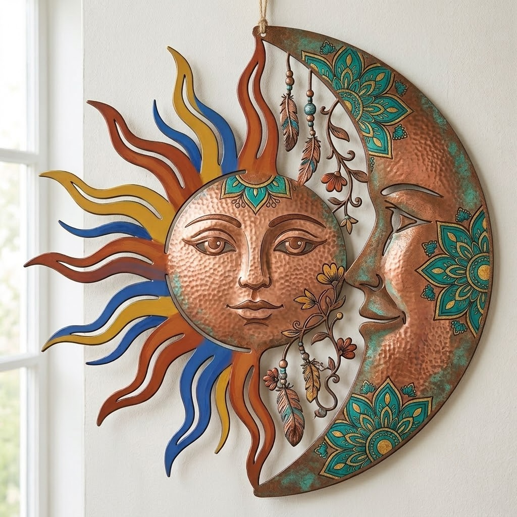 Sun Moon Metal Wall Art For Patio, Boho Celestial Outdoor Decor Sign