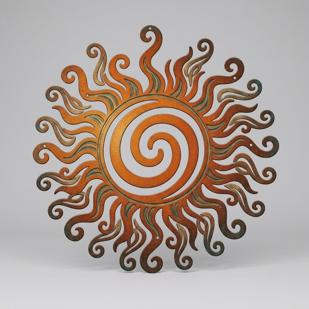 Orange Spiral Sun Metal Art, Rustic Outdoor Sun Decor, Boho Garden Metal Sign