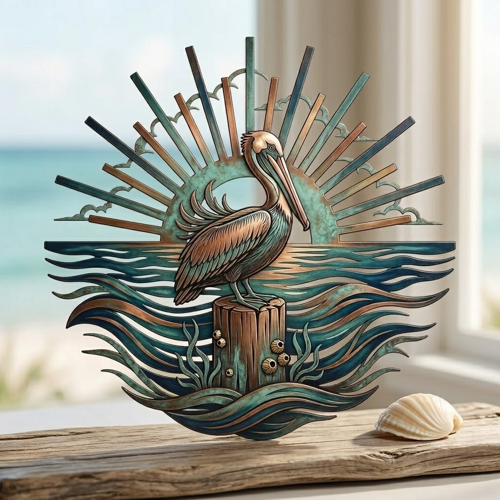 Pelican Metal Sign, Coastal Wall Decor For Beach House, Nautical Ocean Art Gift