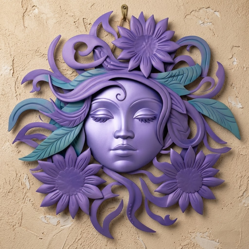 February Violet Sun Goddess Metal Wall Art, Birth Flower Decor
