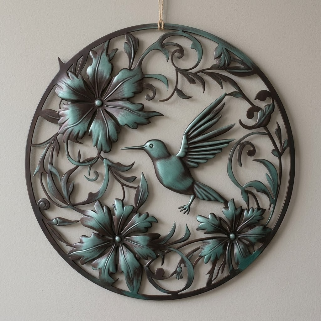 Hummingbird Hibiscus Metal Wall Decor, Floral Garden Art Gift