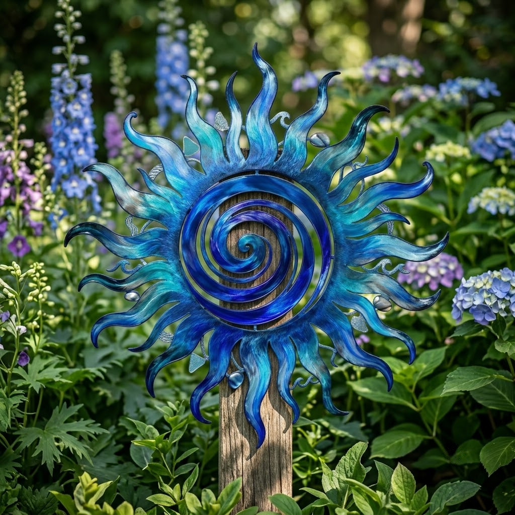 Blue Sun Metal Art, Coastal Spiral Sun Wall Decor, Outdoor Patio Sign