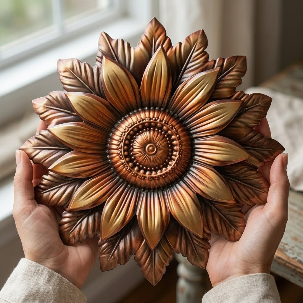 Autumn Copper Floral Sun Goddess Metal Wall Art, Celestial Sunburst Decor