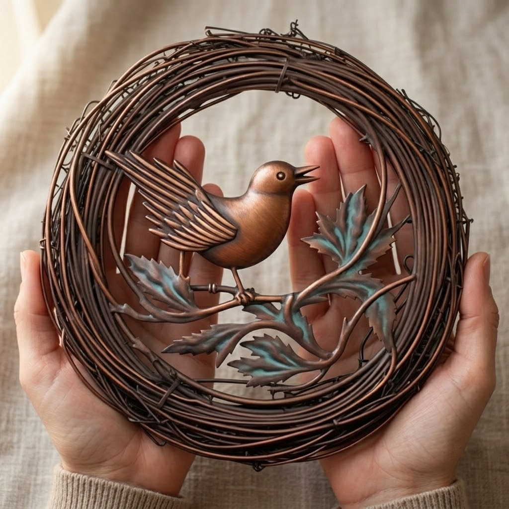 Beautiful Rustic Copper Bird Nest Metal Wall Art, Fall Branches Leaves
