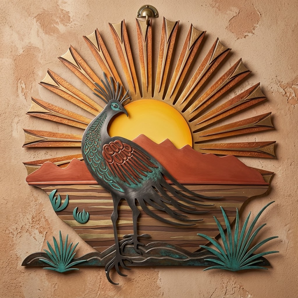 Stunning Roadrunner Cactus Sunburst Metal Wall Art