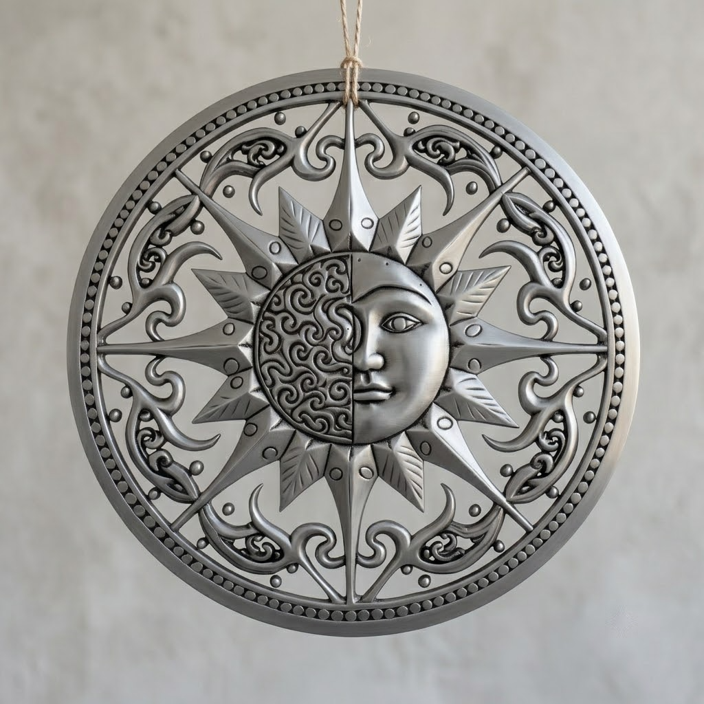 Geometric Celestial Elegant Sun And Crescent Moon, Symmetrical Stars Metal Wall Art