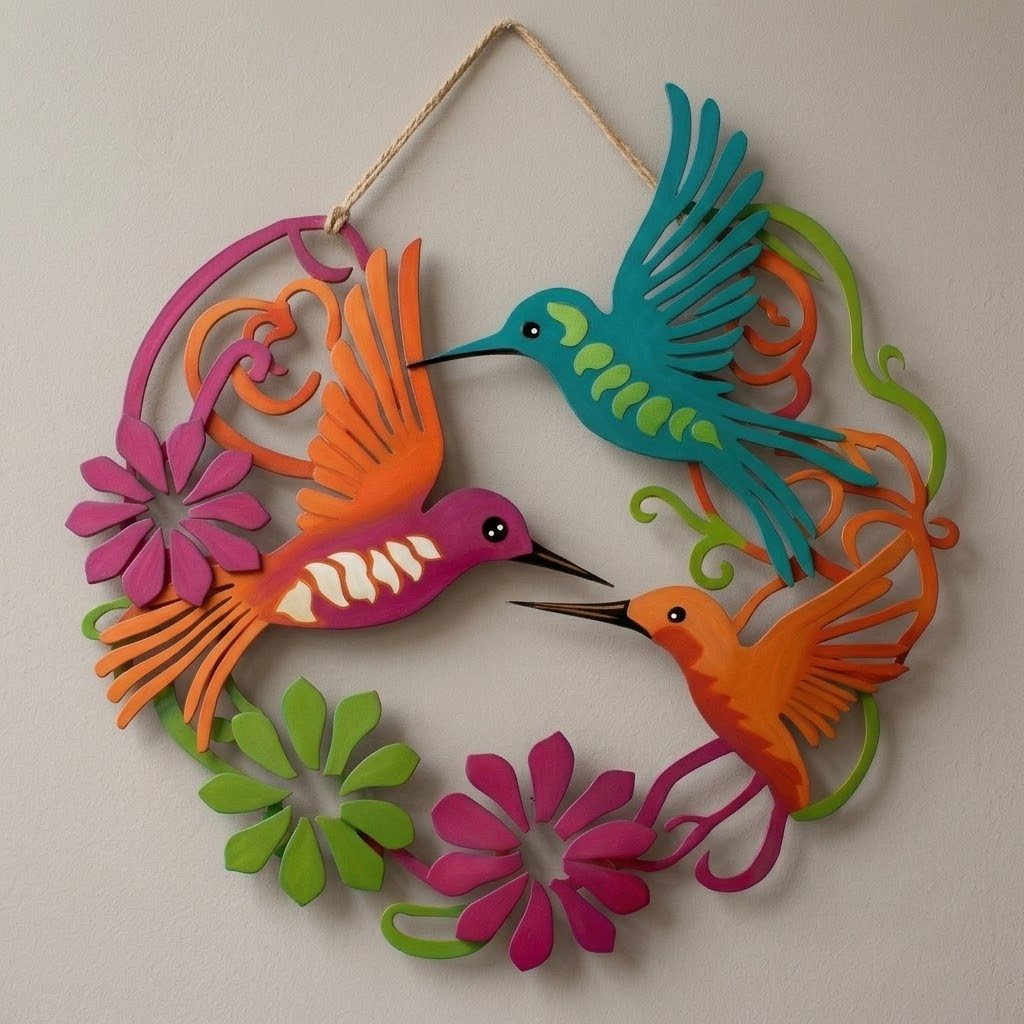 Hummingbird Metal Wall Art, Trumpet Flowers & Floral Vines, Vibrant Teal