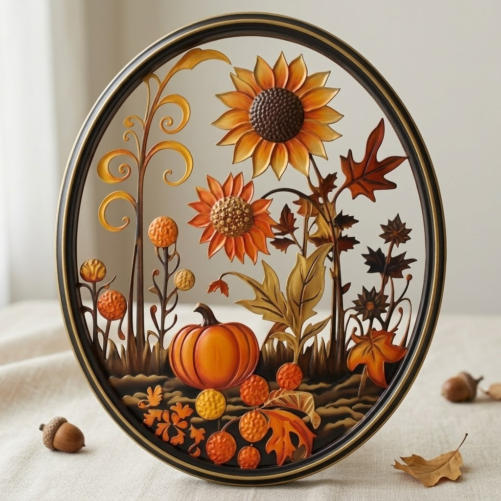 Harvest Meadow Metal Sign, Wildflowers Pumpkins Butterflies Wall Art