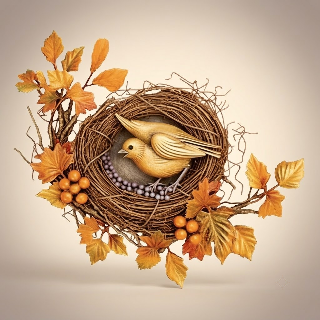 Golden Harvest Bird Nest Metal Wall Art, Woven Nest With Fall Leaves