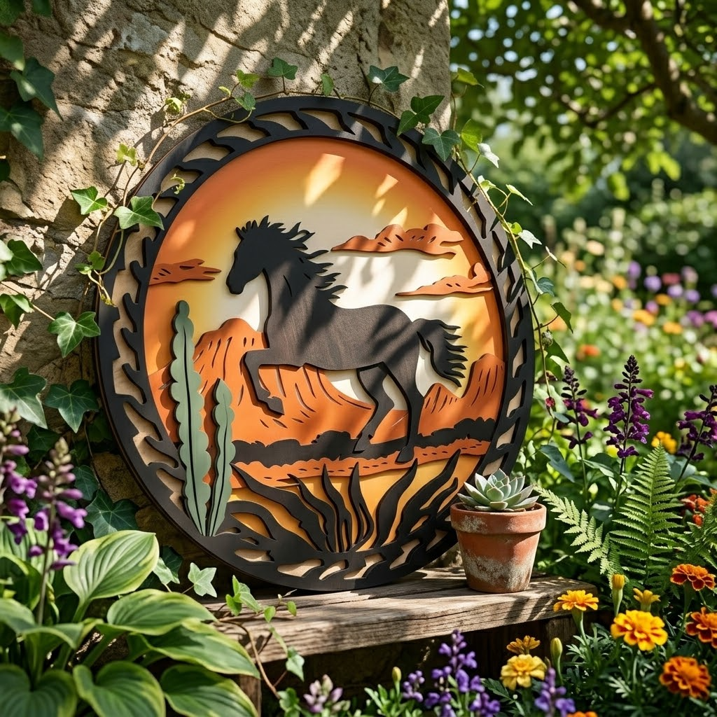 Wild Horse Desert Sunburst Metal Wall Art, Horse Metal Wall Decor