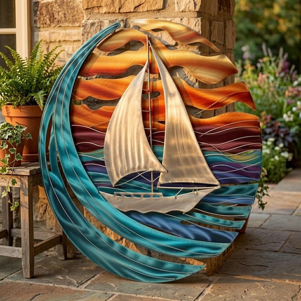 Sailboat Wave Sunburst Metal Wall Art Coastal Ocean Decor