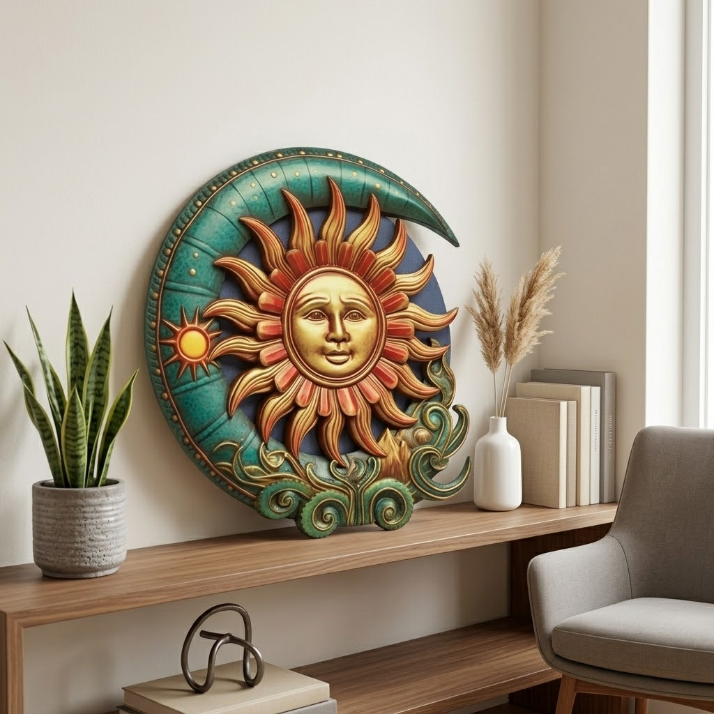 Celestial Sun & Moon Metal Sign, Large Vintage Face Design With Desert Botanicals