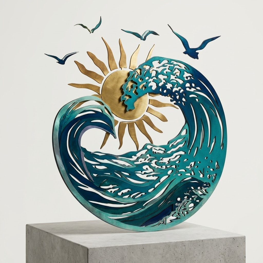 Ocean Wave Sun Metal Art For Coastal Wall Decor, Beach House Metal Sign