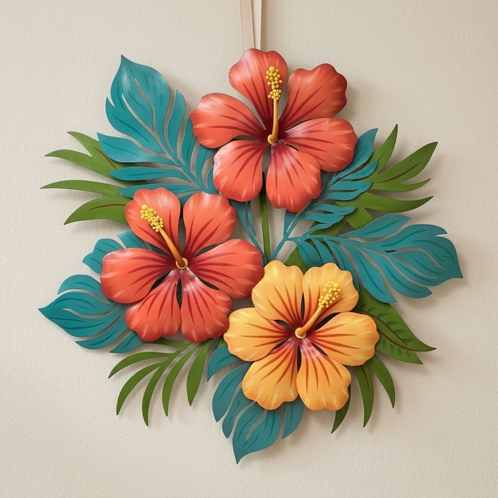 Hibiscus Flowers Flowing Tropical Leaves Metal Wall Art