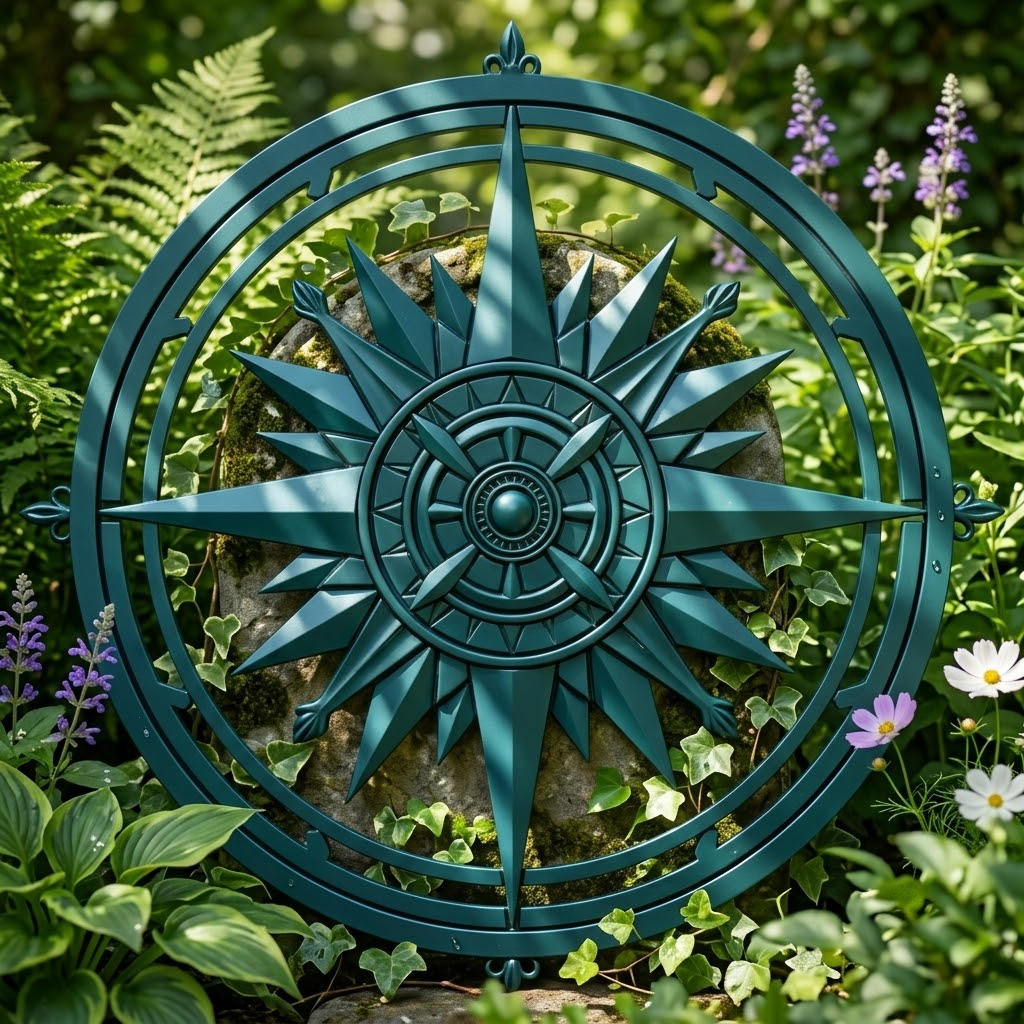 Coastal Nautical Compass Metal Art, Ocean Wave Aluminum Wall Hanging