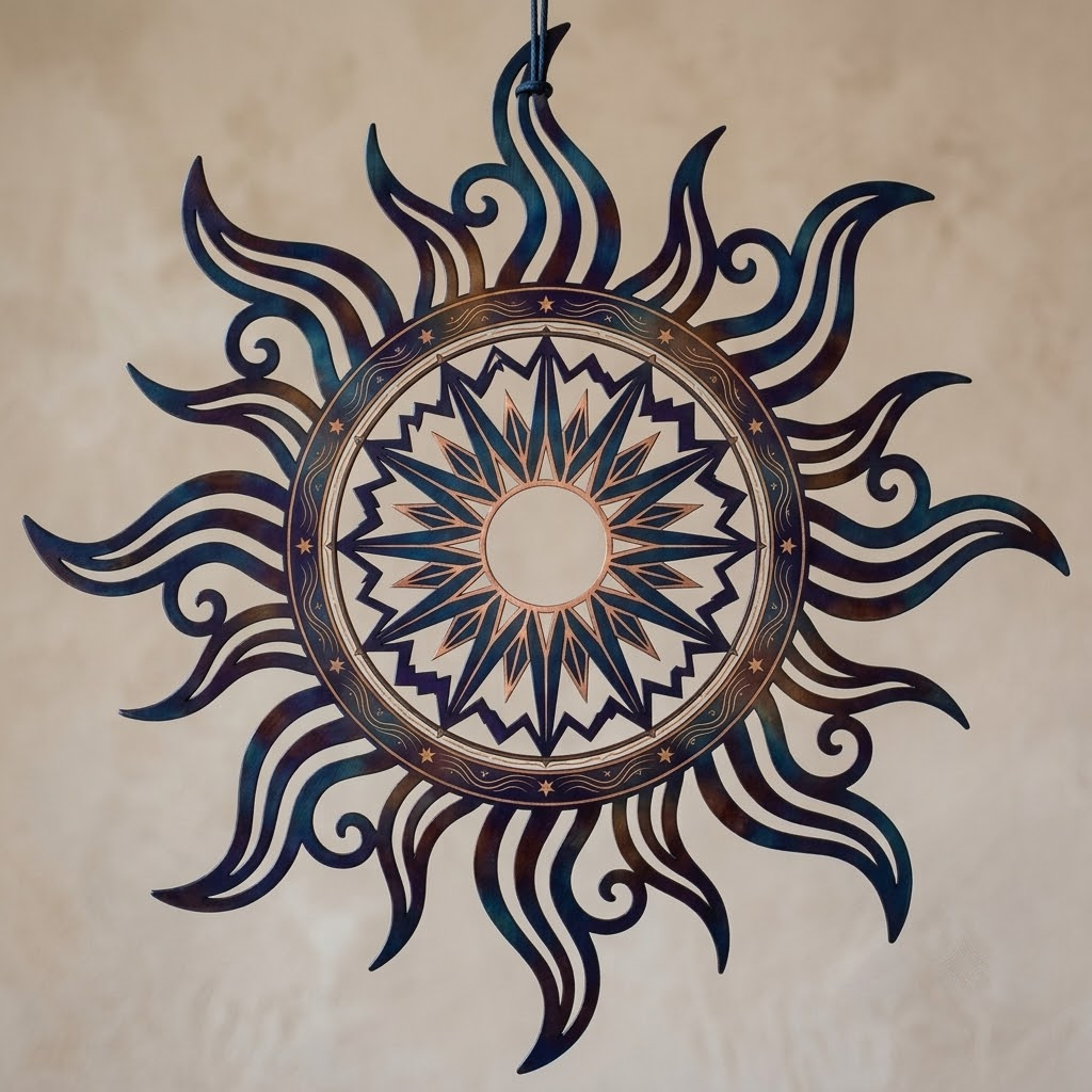 Blue Sun Metal Art, Large Sunburst Wall Decor For Patio, Celestial Modern Sign
