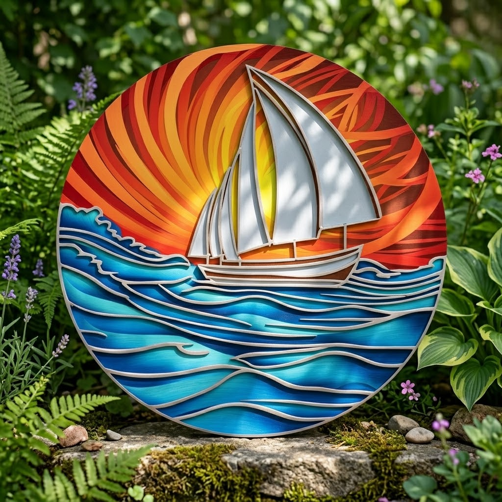 Sailboat Sunburst Metal Wall Art Colorful Coastal Ocean Decor