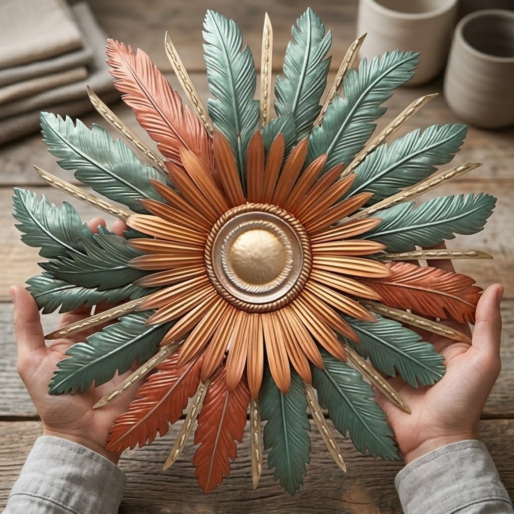 Feathers Radiating Celestial Terracotta Boho Metal Wall Art