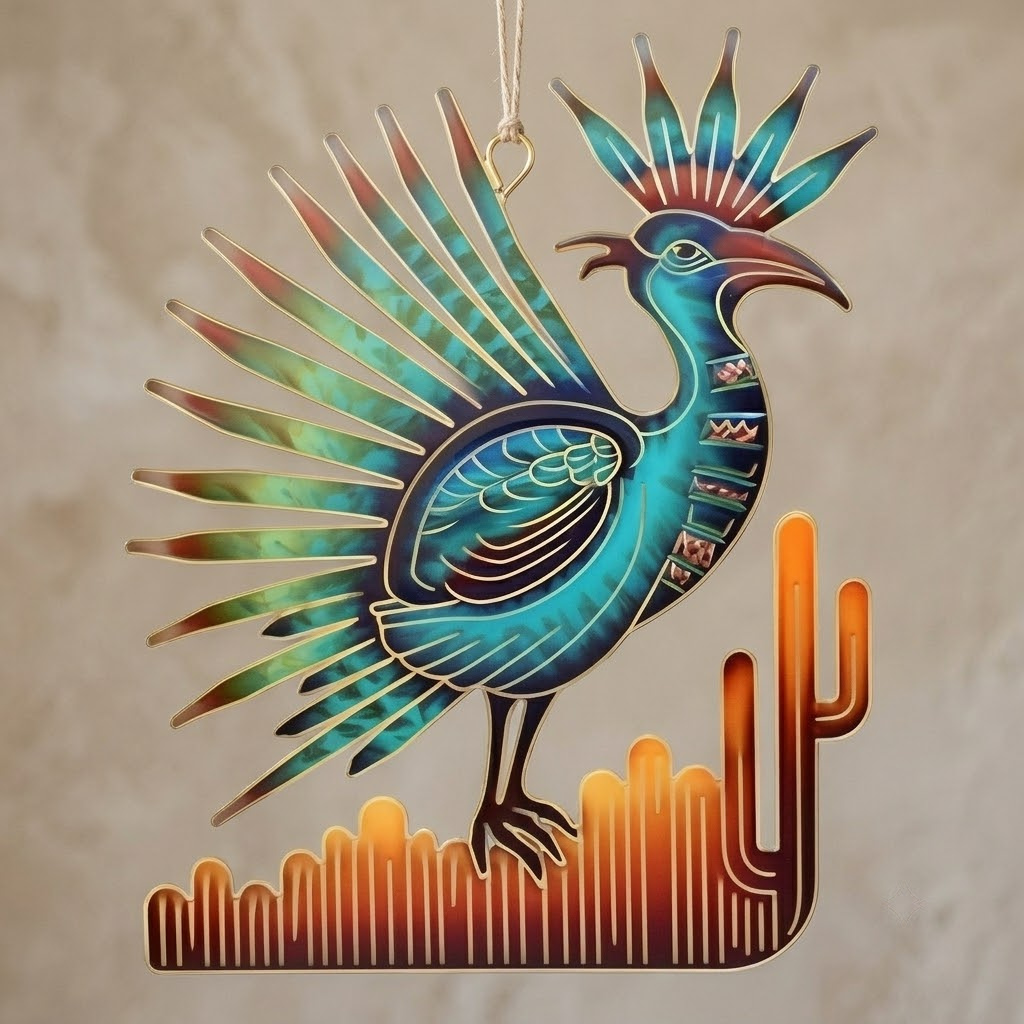 Giant Saguaro Roadrunner Bird Metal Wall Art, Desert Rocks, Boho Decor