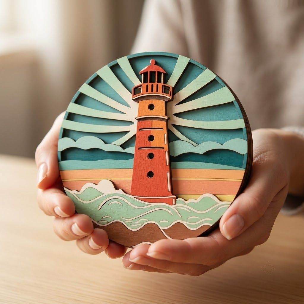 Majestic Lighthouse Metal Sign, Coastal Sunset, Flowing Ocean Waves Art