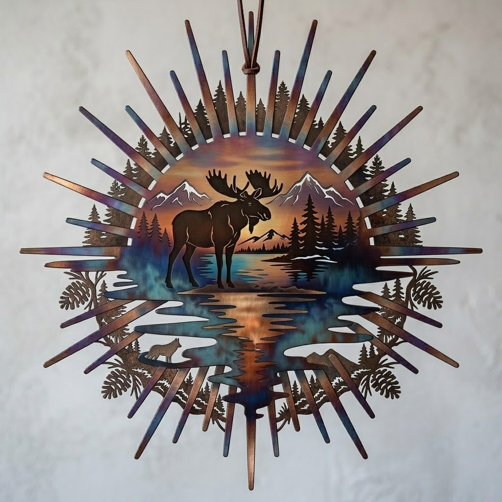 Stunning Moose Metal Wall Art, Sunset Lake Landscape Decor, Cabin Wall Hanging