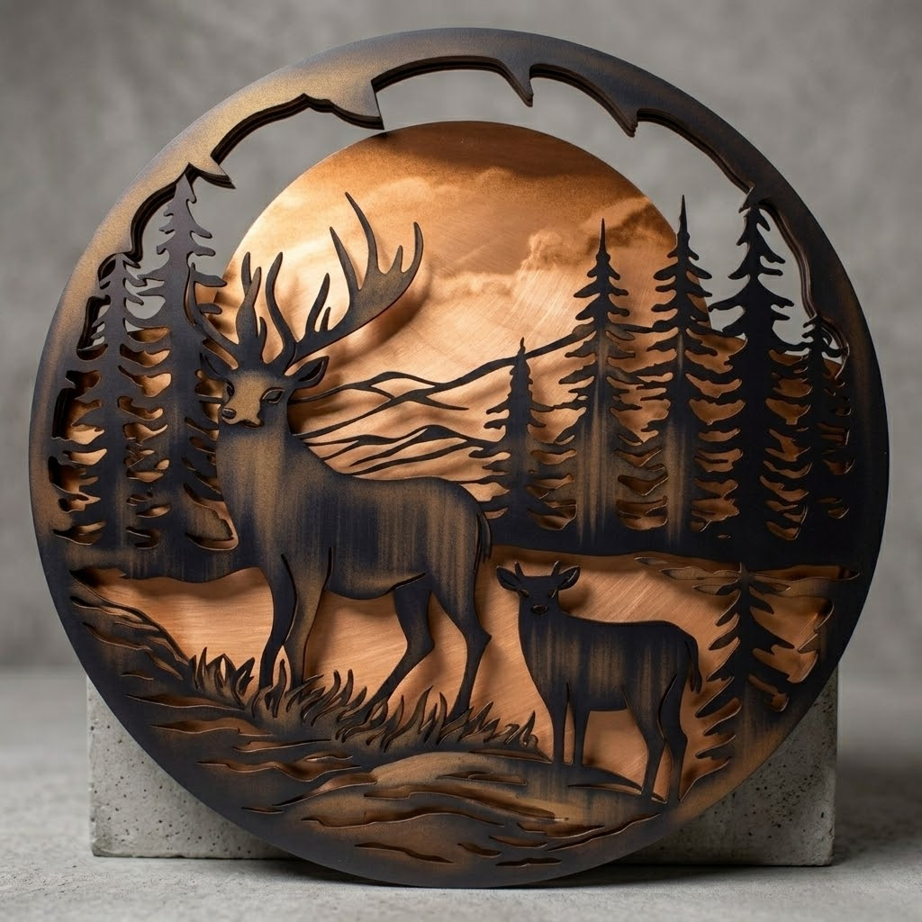 Golden Moon Mountain Wildlife Metal Wall Art, Aluminum Sign For Cabin Decor