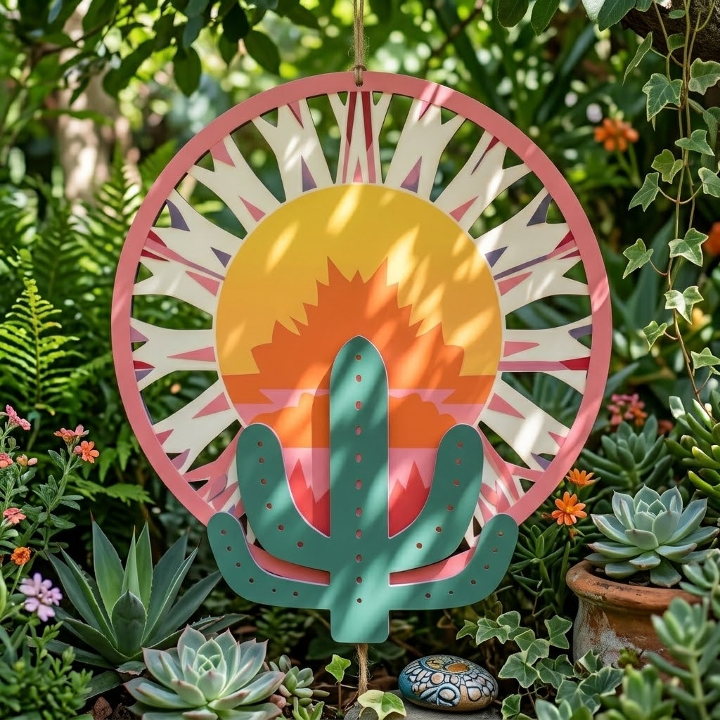 Boho Sunburst Cactus Arch Metal Wall Art