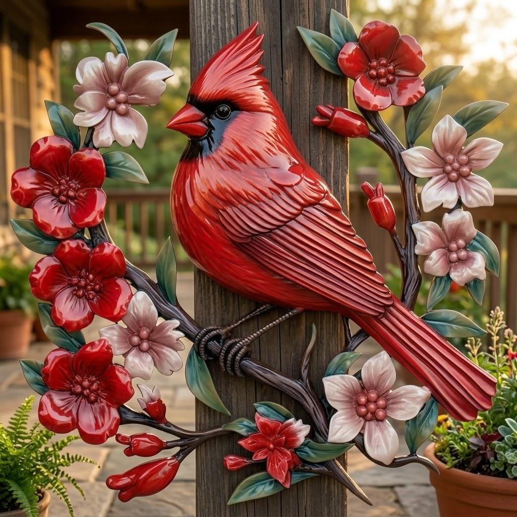 Charming Spring Cardinal Corner Metal Wall Art, Bright Red Birds & Dogwood Blossoms