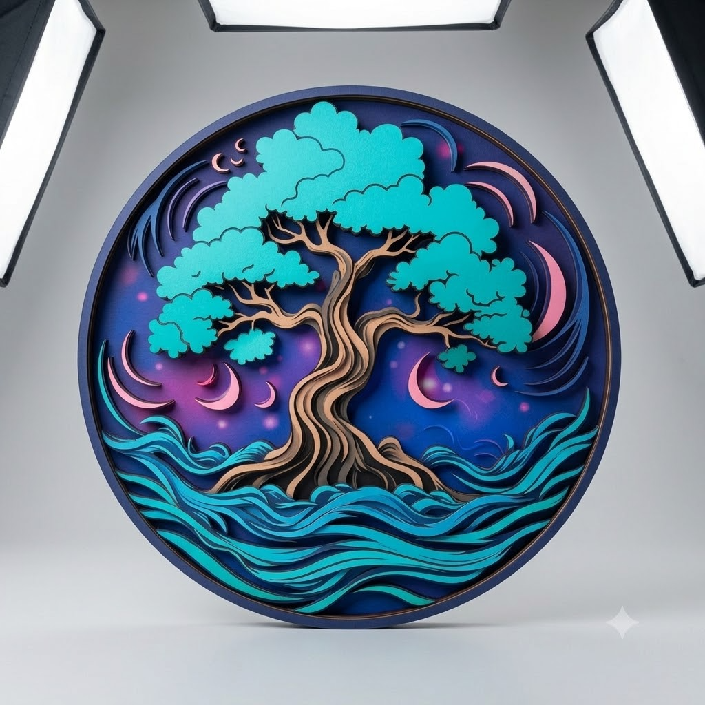 Tree of life growing from ocean waves metal art, vibrant wall decor