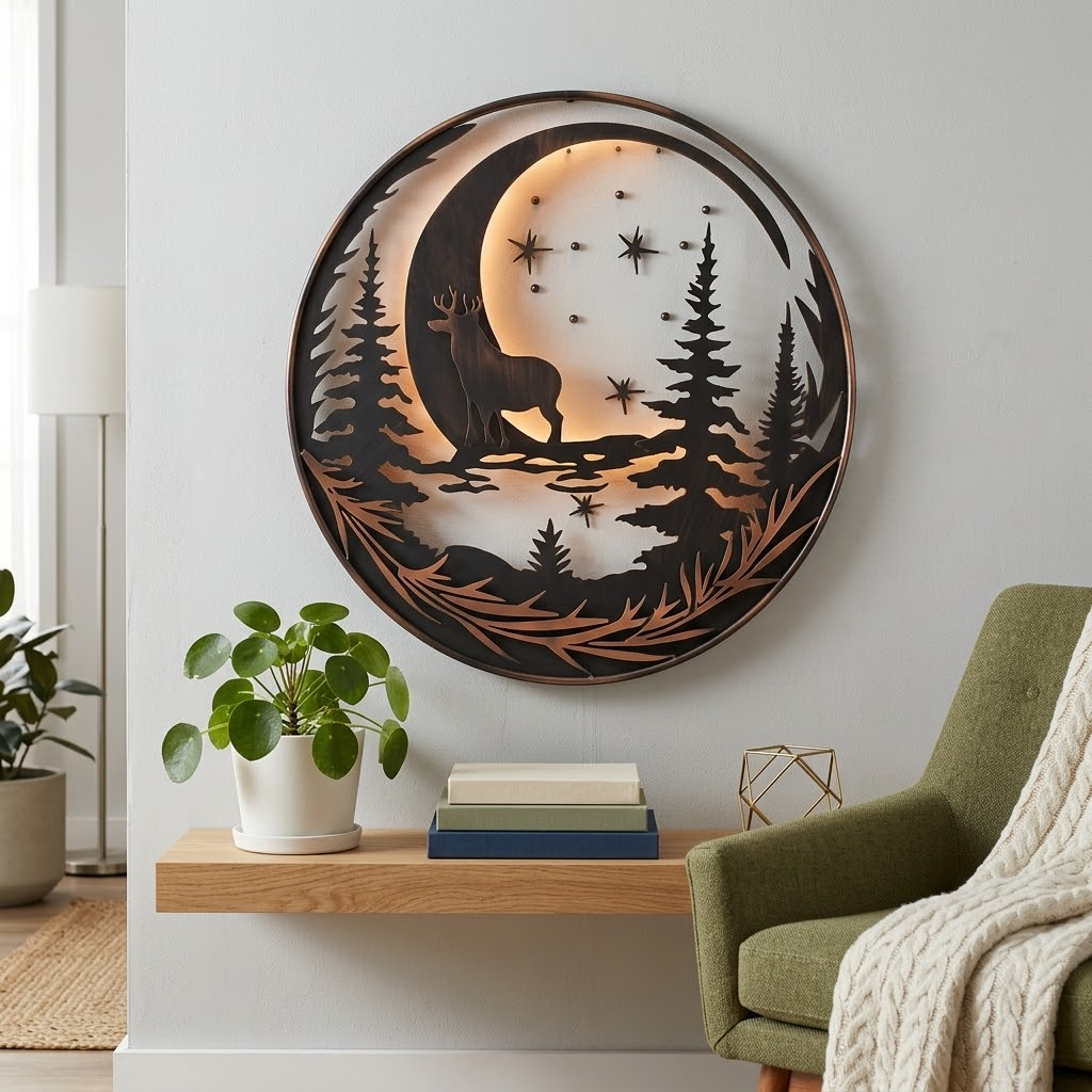 Crescent Moon Deer Pine Branches Metal Wall Art, Premium One Piece Flat Aluminum Wall Sign