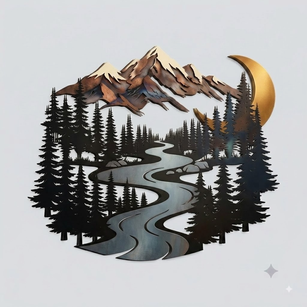 Mountain River Metal Wall Art, Rustic Cabin Decor, Forest Landscape Wall Hanging