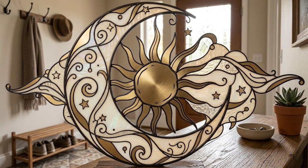 Crescent Moon Embracing A Simple Sun Metal Sign