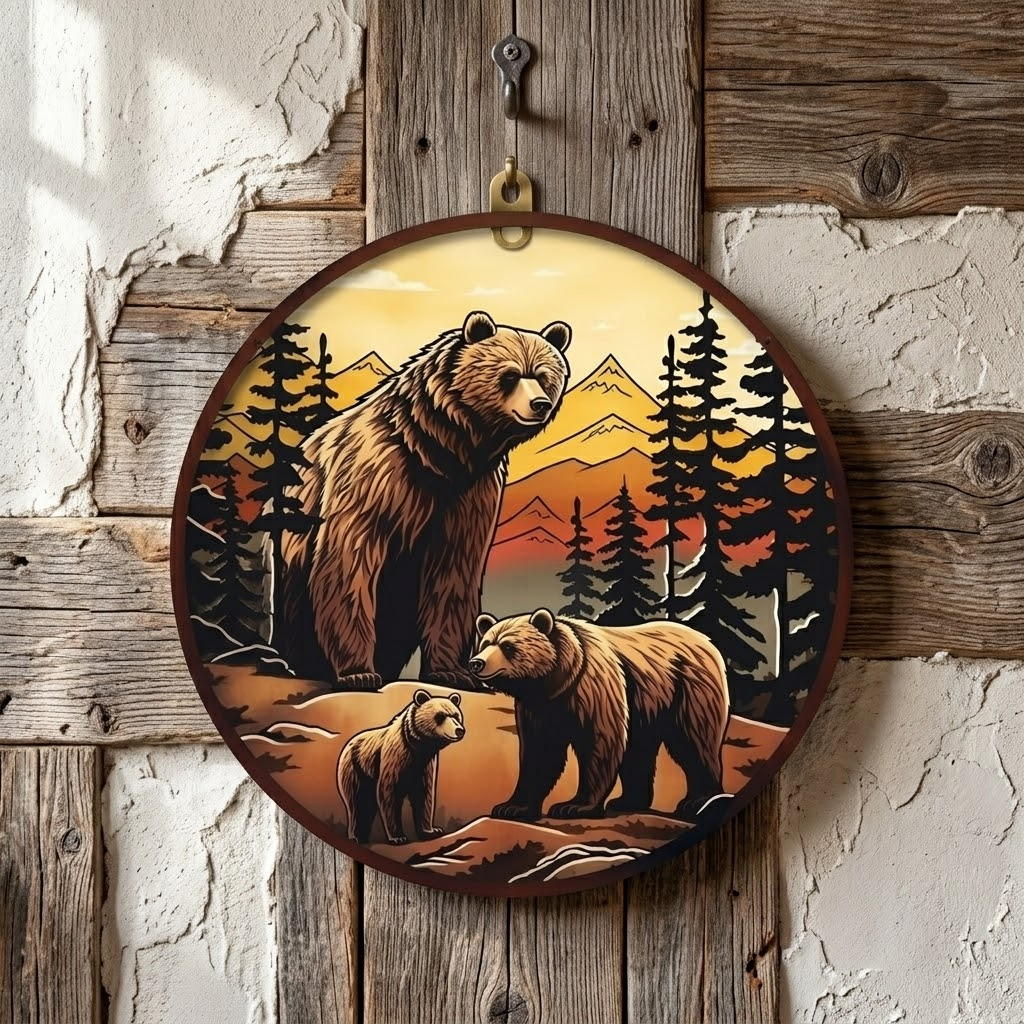 Bear Family Mountain Sunburst Metal Wall Art, Rustic Decor Gift