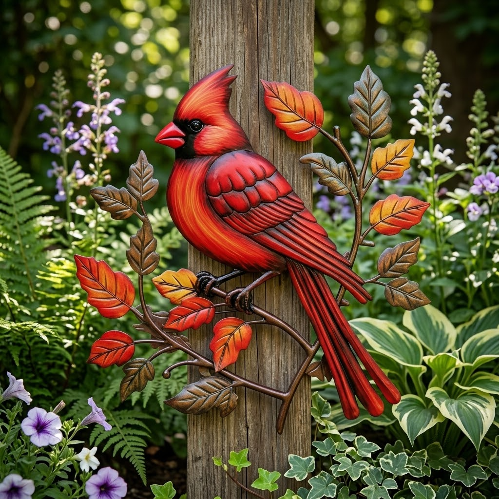 Red Cardinal Bird Art, Woodland Flowers & Autumn Berries Metal Sign