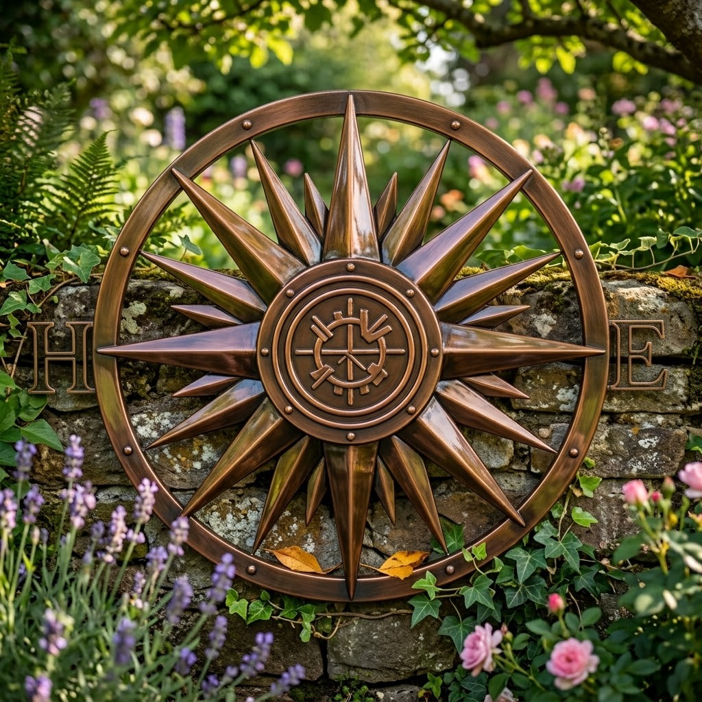 Lighthouse Metal Sign, Nautical Compass Sunburst And Ocean Waves Decor