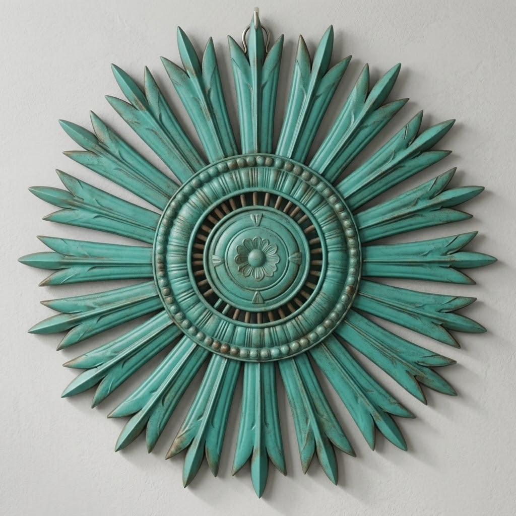 Turquoise Patina Southwestern Sunburst Metal Wall Art, Desert Patio Decor