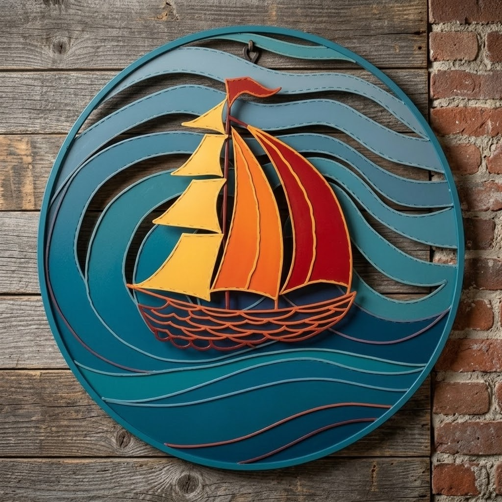 Sailboat Wave Sunburst Metal Wall Art, Coastal Ocean Decor For Home
