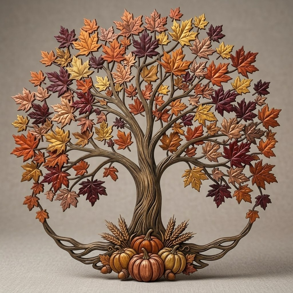 Autumn Tree Of Life Metal Art, Colorful Fall Leaves Wall Decor