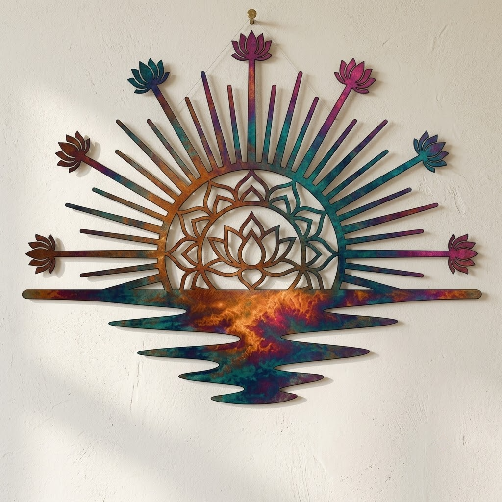 Metal Wall Art, Lotus Wall Decor, Celestial Sunset Metal Sign For Patio