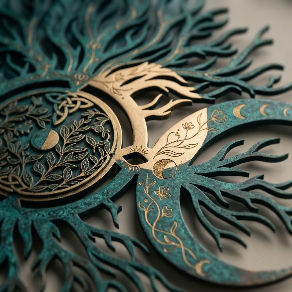 Triple Moon Metal Art Tree Of Life, Celestial Witchy Wall Decor, Botanical Sun & Crescent Art Gift