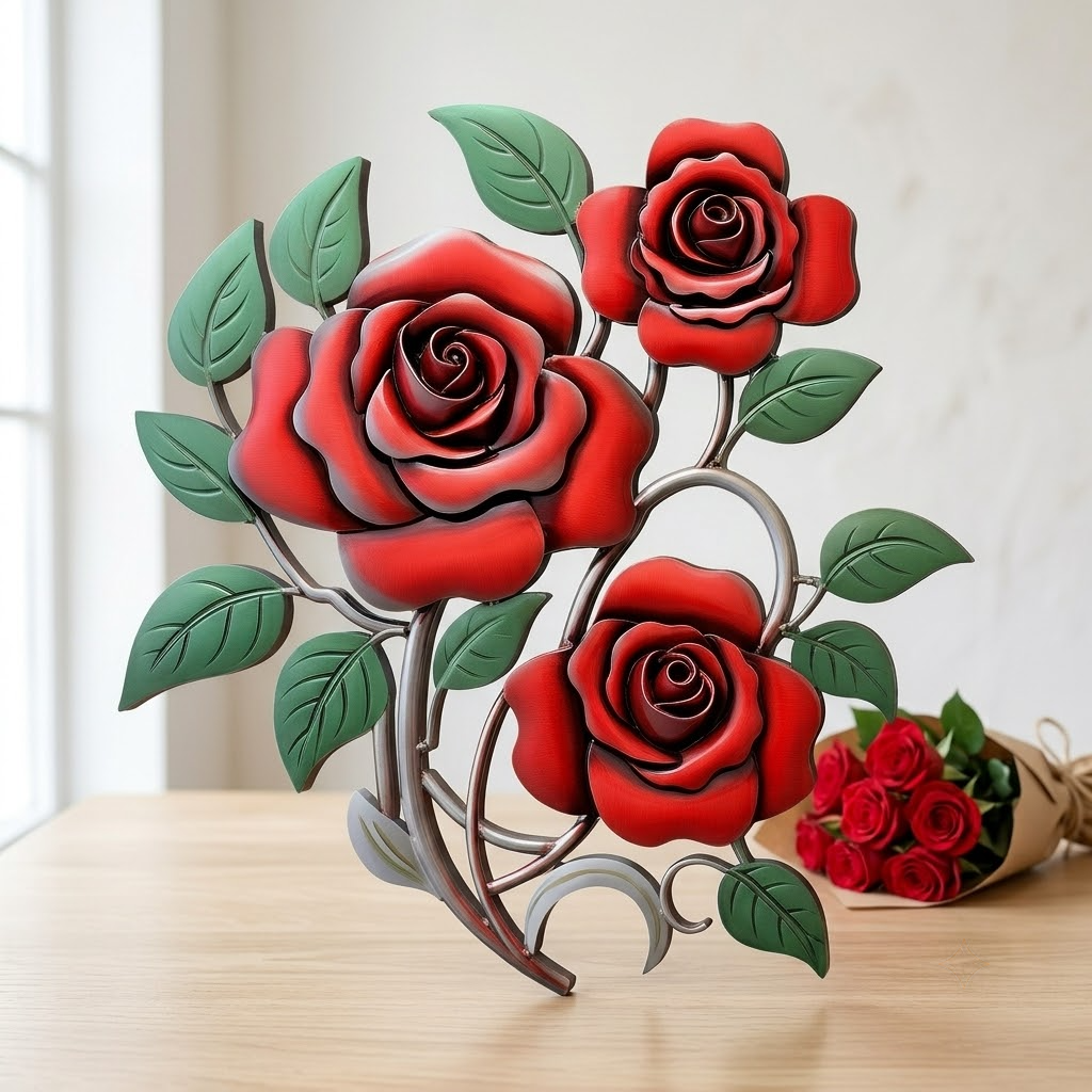 Red Rose Birth Flower Bouquet Metal Wall Art, June Decor Gift